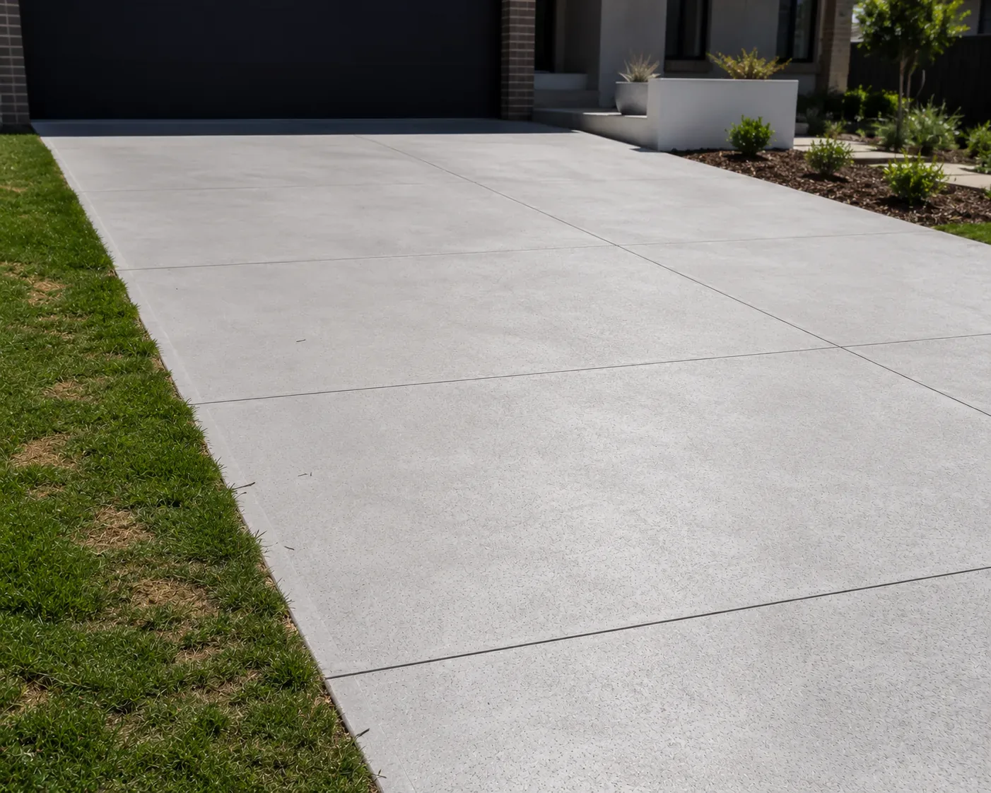 Concrete driveway with clean control joints leading to a home